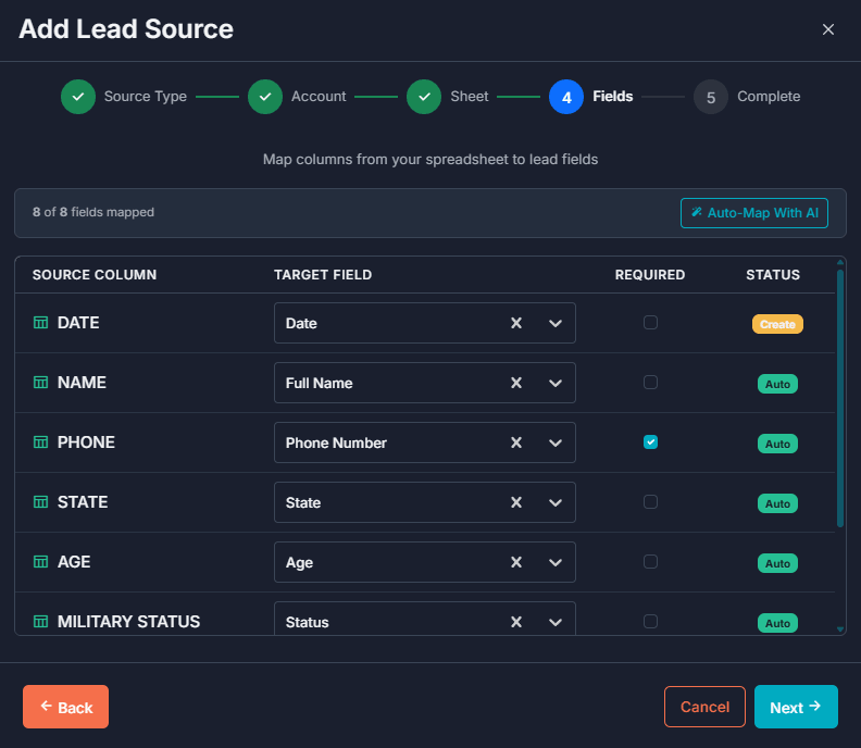 Google Sheets integration with AI field mapping